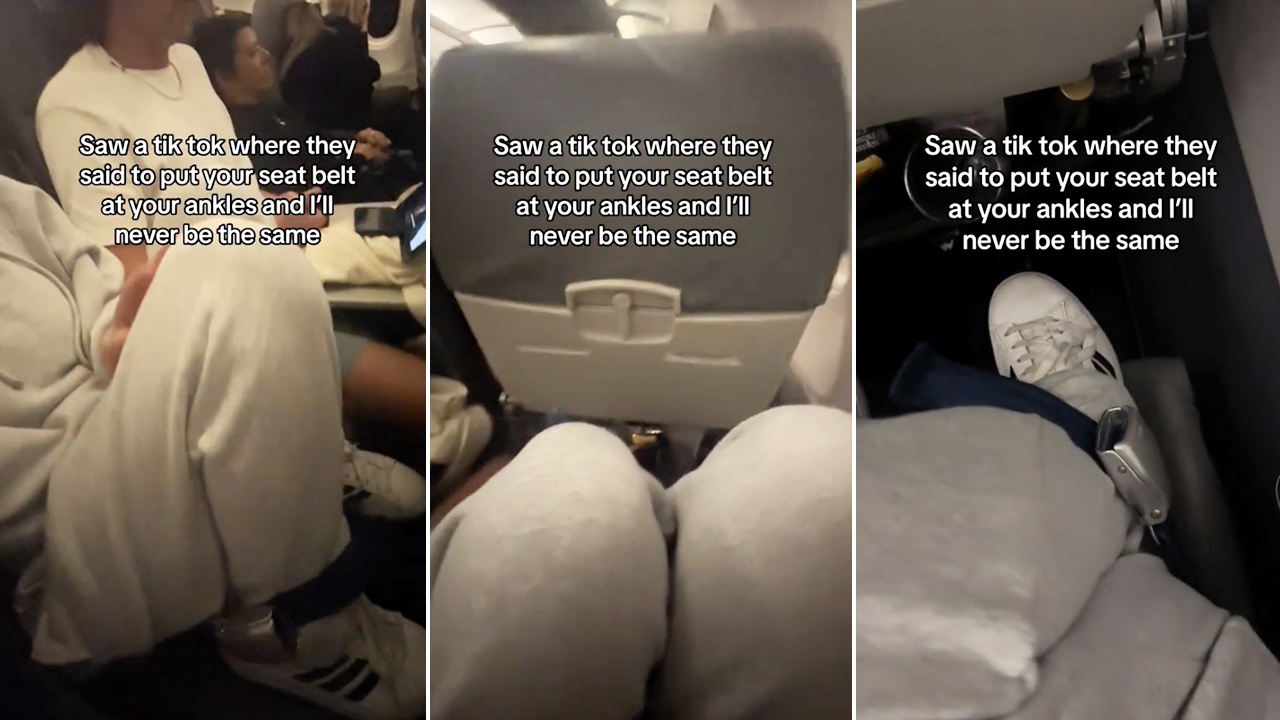 Videos have surfaced on TikTok showing airplane passengers using the seat belt to keep their feet up on the seat. (TikTok @tfutchh)
