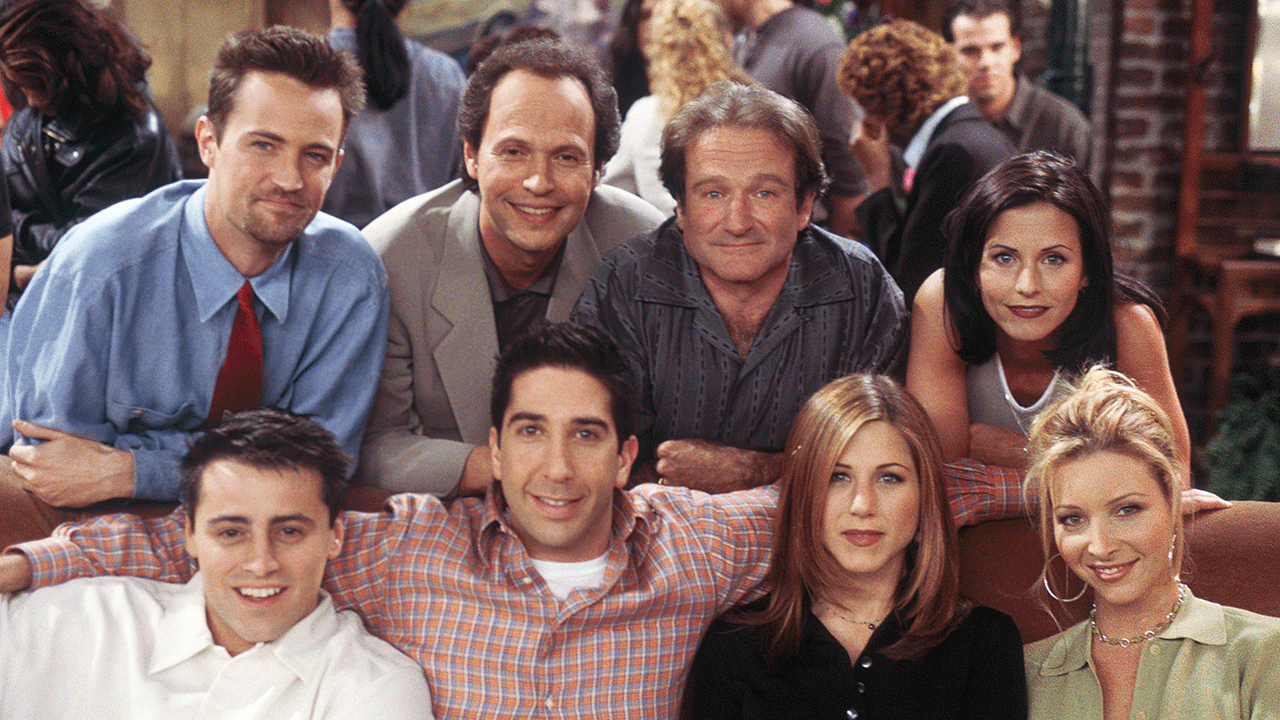 Billy Crystal and Robin Williams with the cast of "Friends"