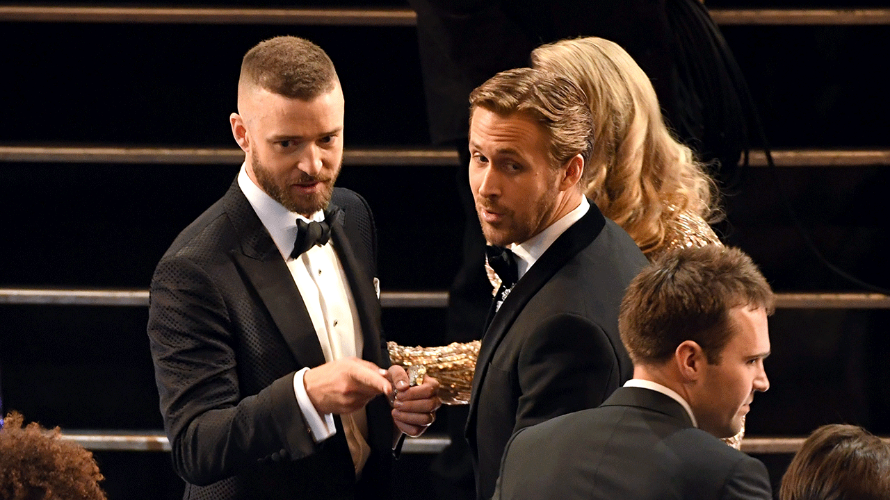 Justin Timberlake e Ryan Gosling no Oscar em 2017.