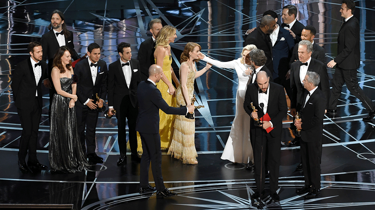 "La La Land" cast on Oscars stage