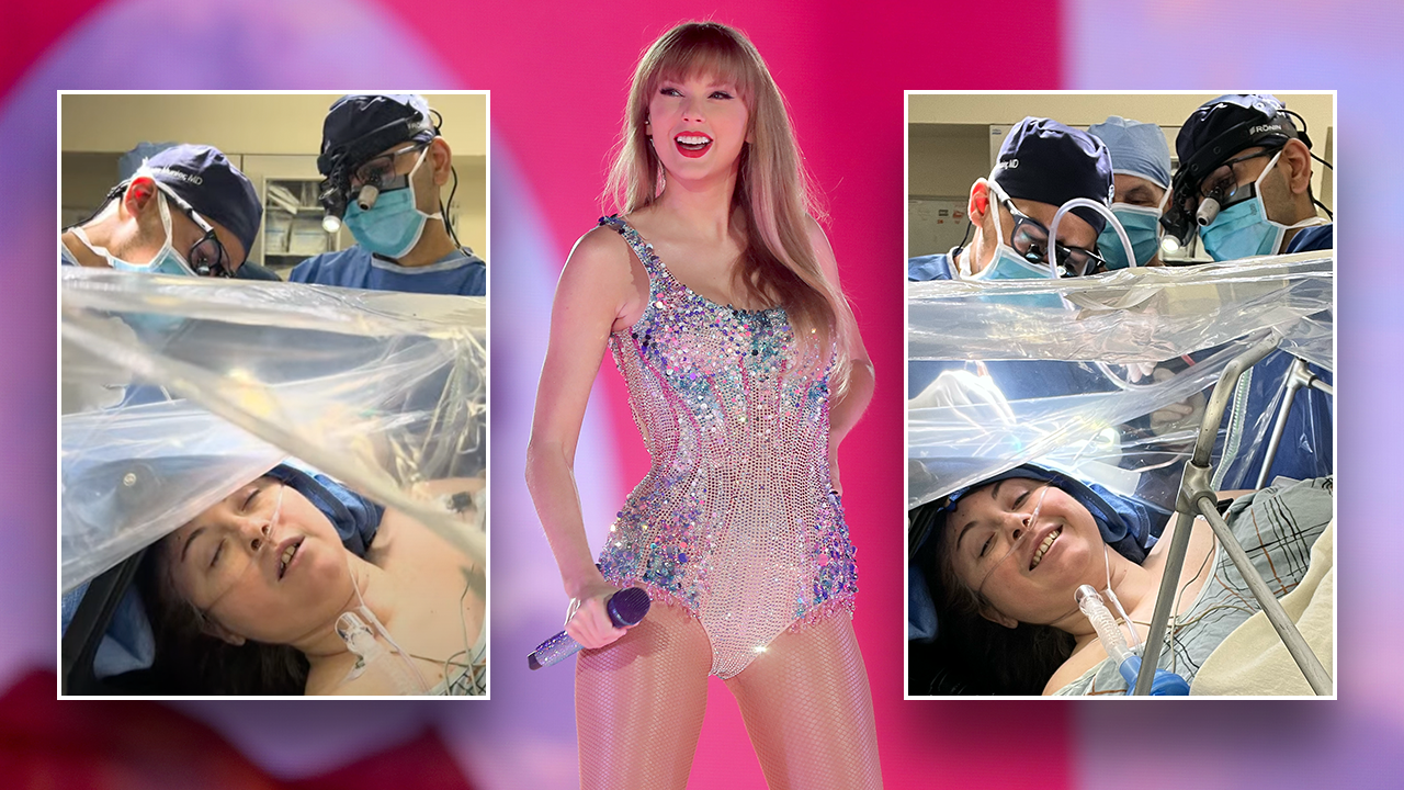 Taylor Swift is shown performing in Glendale, Arizona, on March 12, 2023, center - and on either side, Selena Campione is shown receiving brain surgery on Jan. 31, 2024. (Hackensack Meridian Health; John Medina/Getty Images)
