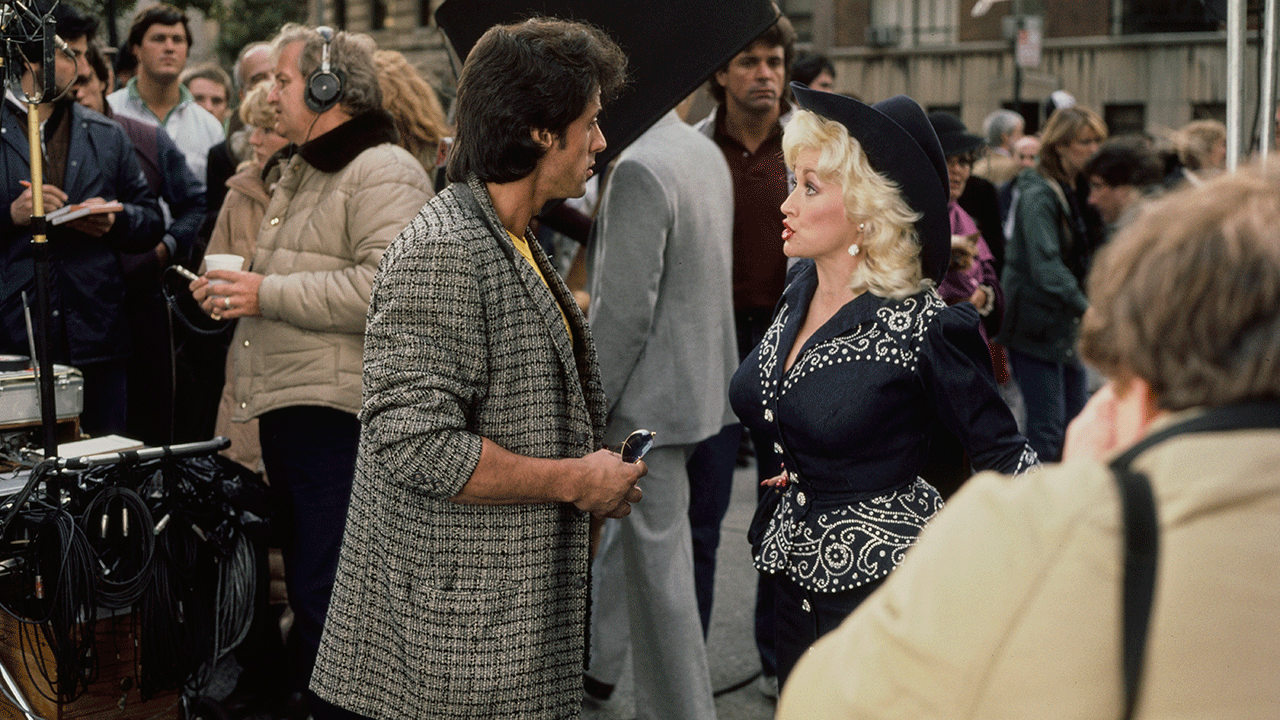 Sylvester Stallone and Dolly Parton during the filming of "Rhinestone."