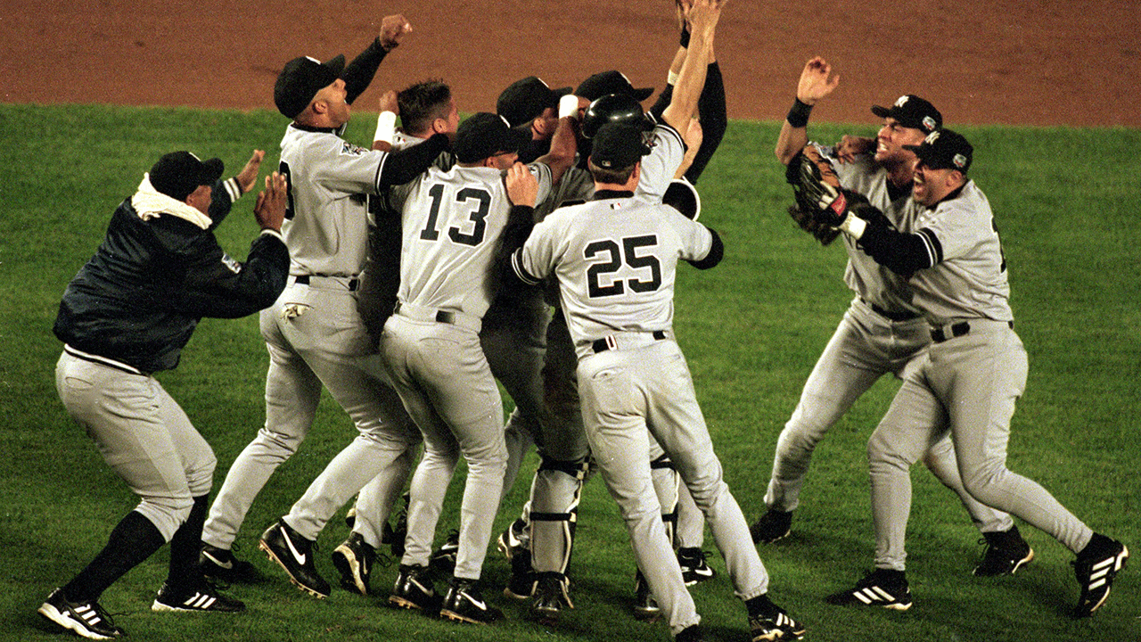Yankee players celebrate after World Series win