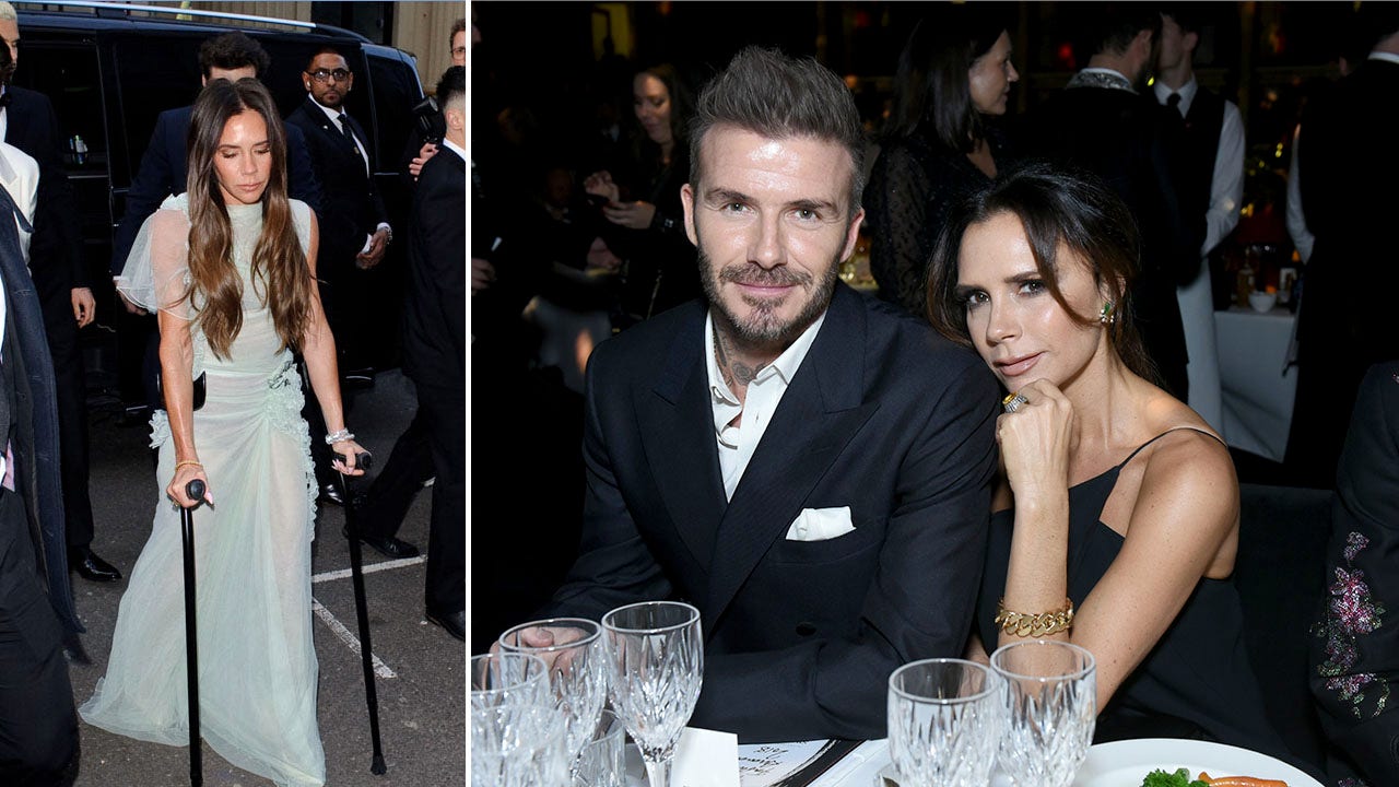 Victoria Beckham arrives at 50th birthday celebration on crutches, carried out by husband David Beckham