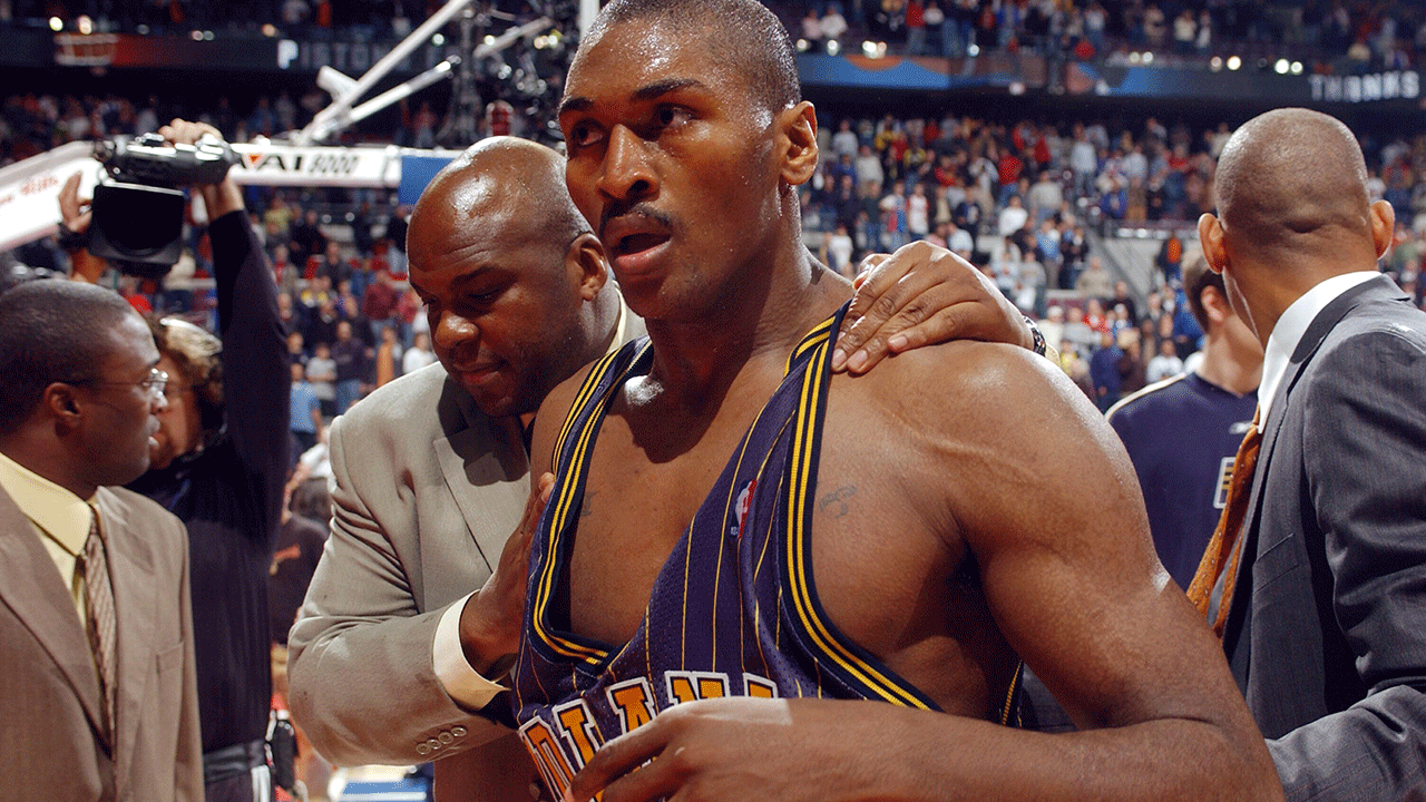 Ron Artest of the Indiana Pacers leaving court in 2004