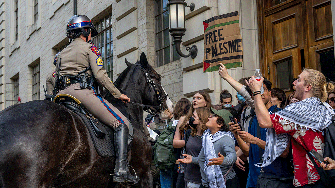 Un agente a caballo se enfrenta a los manifestantes