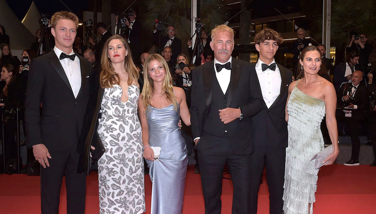 Kevin Costner with his daughters and sons: Cayden Wyatt Costner, Lily Costner, Hayes Costner, Grace Avery Costner, Annie Costner at Cannes Film Festival 2024. (Rocco Spaziani/Archivio Spaziani/Mondadori Portfolio via Getty Images)