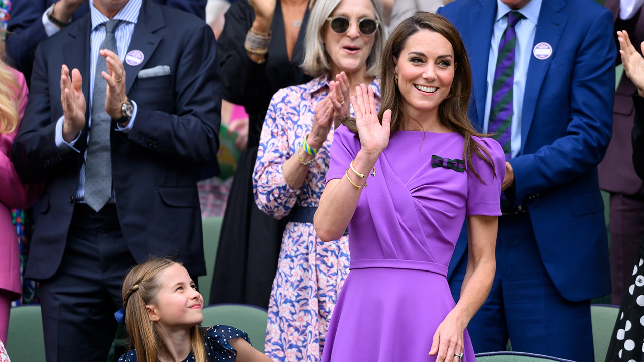 Princess Charlotte and Kate Middleton court-side of Centre Court during the men's final on day fourteen of the Wimbledon Tennis Championships on July 14, 2024. (Getty Images)