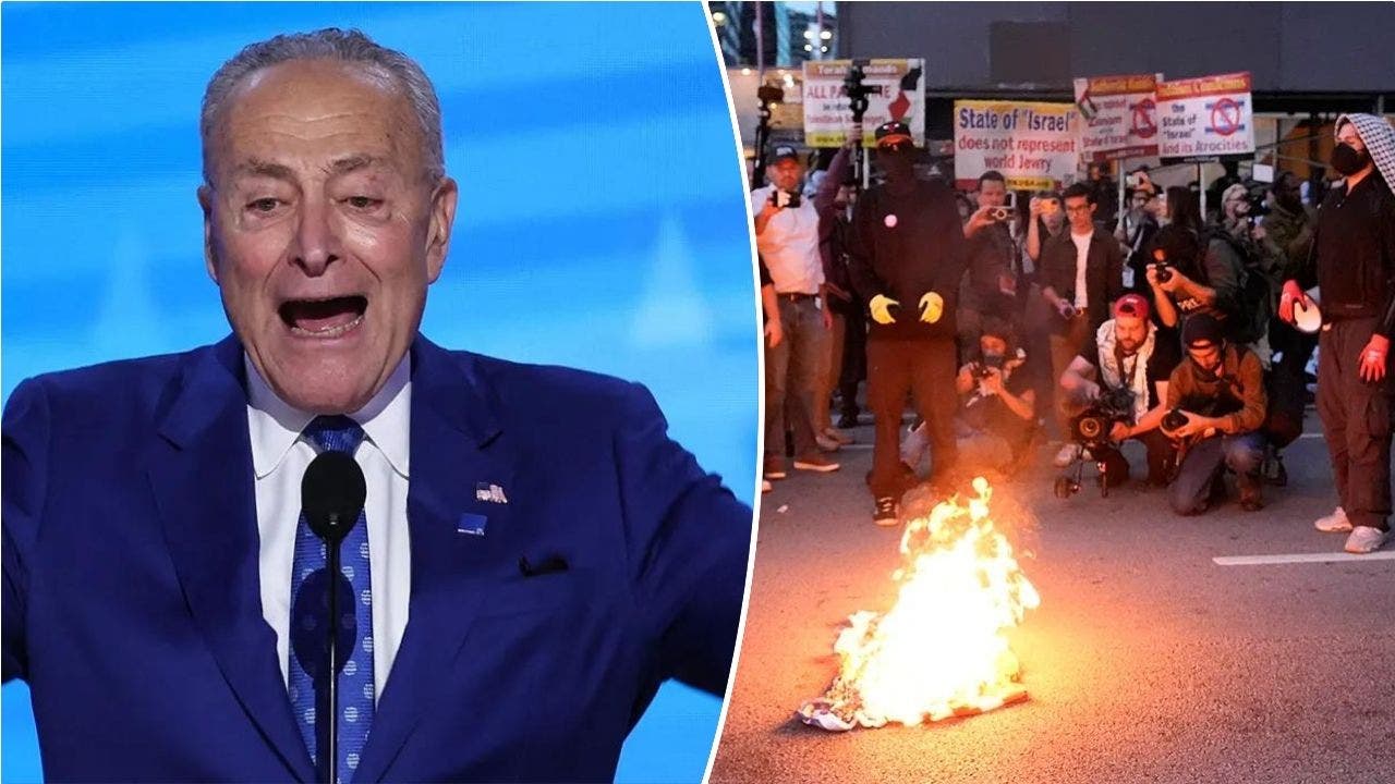 Schumer condemns antisemitism, blames Trump while anti-Israel agitators burn US flag outside