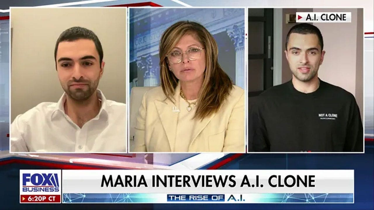 FOX Business host Maria Bartiromo chats with Dara Ladjevardian (L) and his clone (R) on 'Maria Bartiromo's Wall Street.' (FOX Business) (Fox Business)