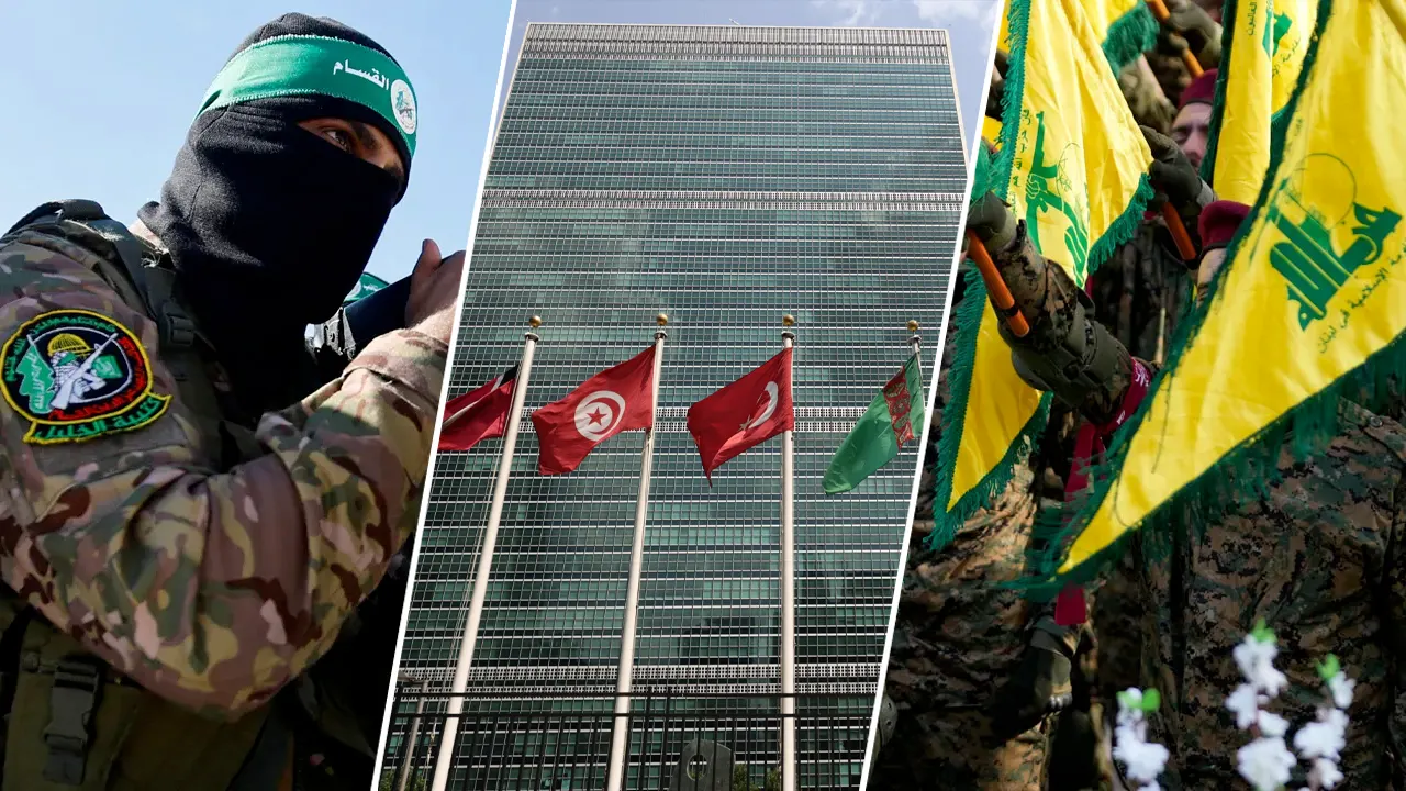 United Nations Headquarters in New York City is seen flanked by Hamas and Hezbollah fighters. (Getty Images)