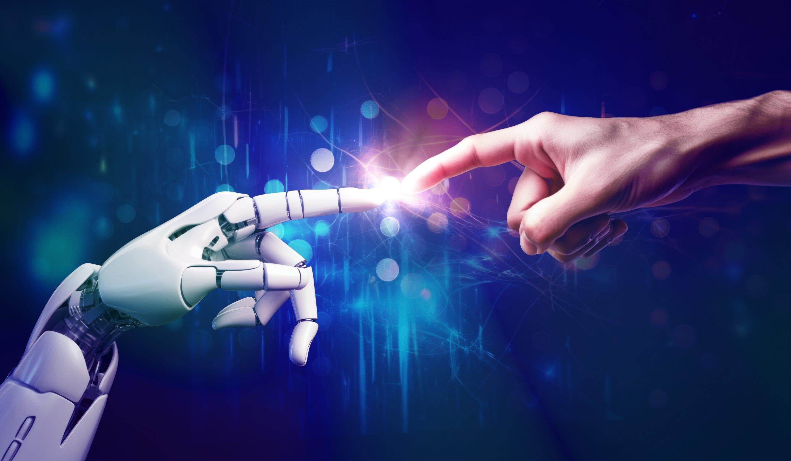 AI, Artificial intelligence, robot and human hands are touching and connecting, unity with human and ai concept, machine learning and futuristic technology background