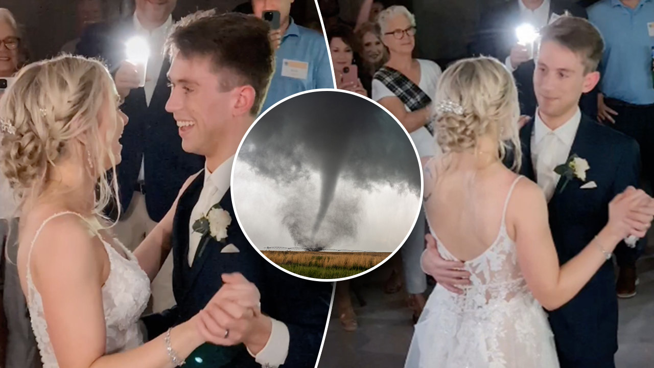 A couple had to shelter in place during their wedding reception thanks to a tornado warning in the Lake Geneva, Wisconsin, area. (Sarah Schilke;iStock)