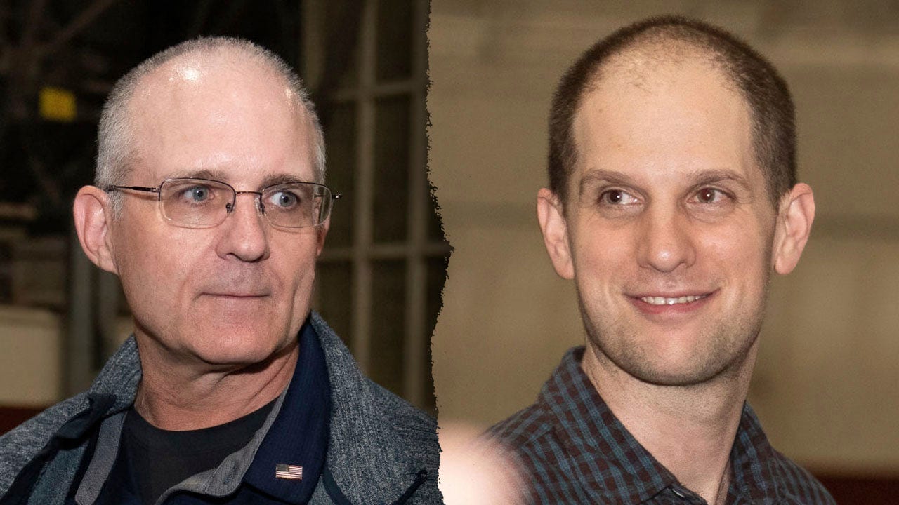 Former prisoners Paul Whelan, left, and Evan Gershkovich, right, were released from Russia on Aug. 2, 2024. (Getty Images)