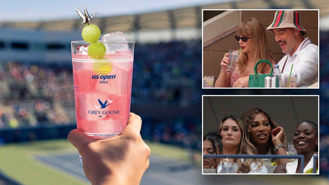 The Honey Deuce, which is the signature cocktail of the U.S. Open, was sampled by celebrities like pop star Taylor Swift, Kansas City Chiefs tight end Travis Kelce (top right) and retired tennis star Serena Williams (bottom right). (Grey Goose; Timothy A. Clary/AFP via Getty Images)