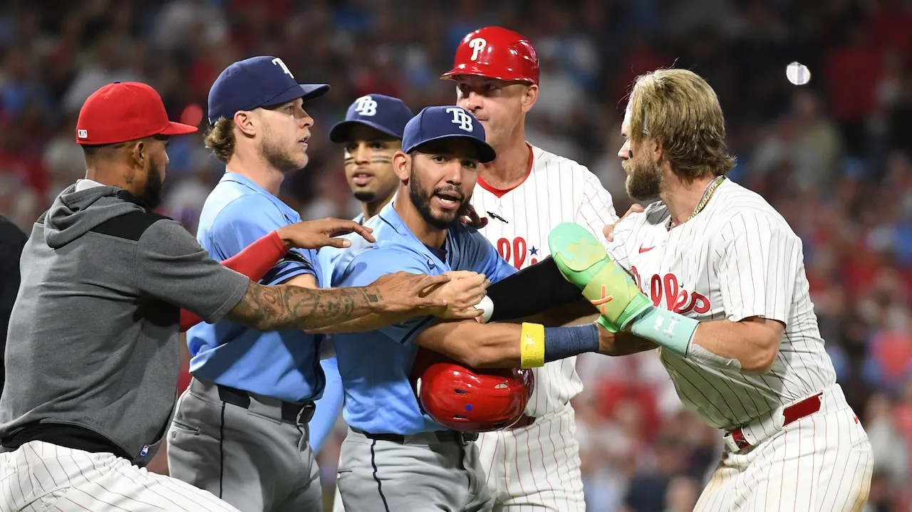 Phillies and Rays benches clear after Nick Castellanos is hit by a 96-mph sinker