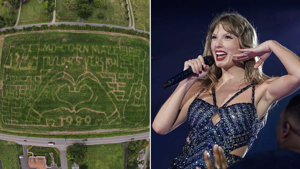 Taylor Swift is inspiring farmers this fall season by using her as the theme for their corn mazes, and they are going viral online. (Jacob Jumbelick Drone Guy; Thomas Niedermueller/TAS24/Getty Images for TAS Rights Management)