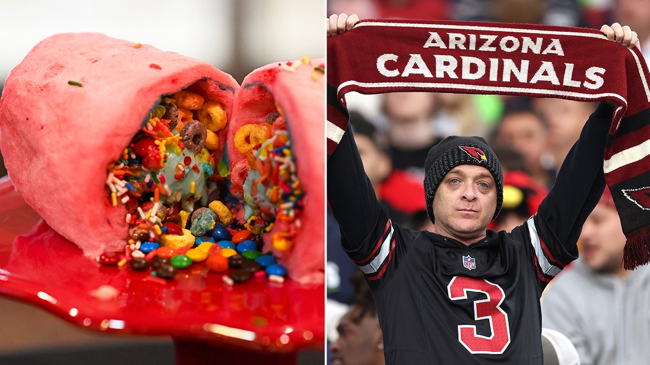 The cotton candy burrito's viral popularity online led the Arizona Cardinals to change how the product would be sold at games. (Courtesy of Sean Kavanaugh/Craft Culinary Concepts; Christian Petersen/Getty Images)