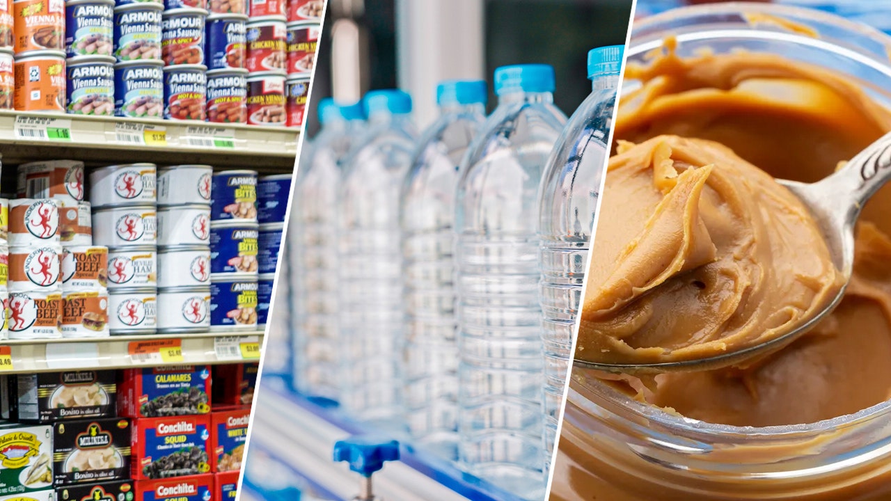 Canned foods, bottled water and peanut butter are some items a person should keep on hand in case of a hurricane. (Jeffrey Greenberg/Universal Images Group via Getty Images; iStock)