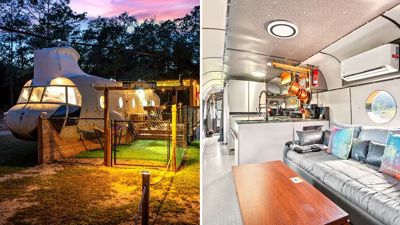 Six guests can spend nights in a Chinook CH-47D helicopter that sits in the Moto Ranch at Withlacoochee State Forest in Florida. (Bryson Ferguson)