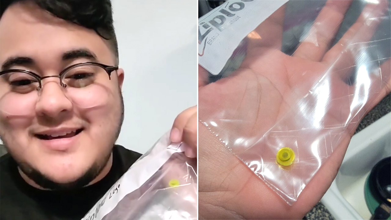 Ben Havoc (left) shows the Lego dot that he dislodged from his nose after 26 years in an Instagram video that he posted on Sept. 1. (Ben Havoc (@bigoompalumpia) /TMX)