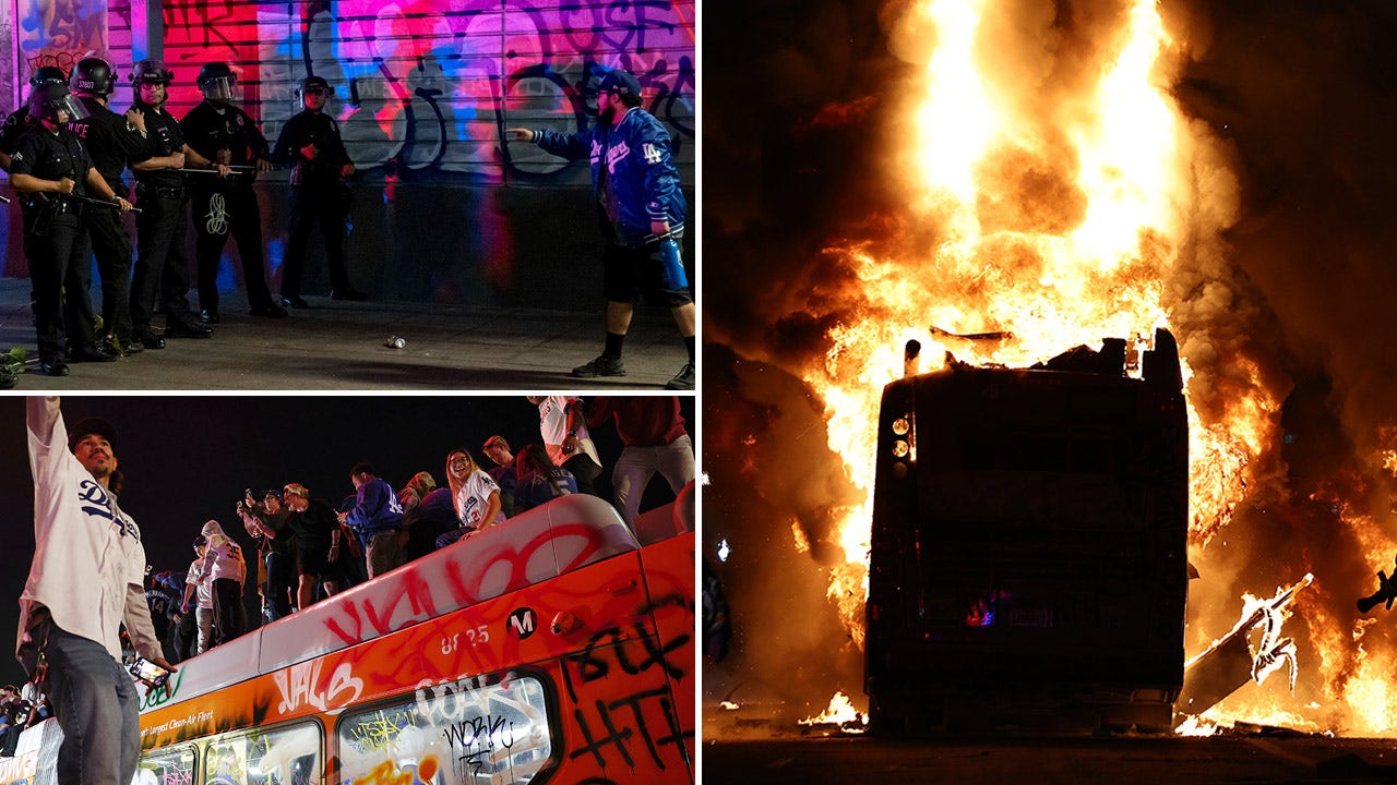 The Dodgers’ celebrations descend into chaos when a “hostile” crowd hurls projectiles at officers and sets a city bus on fire