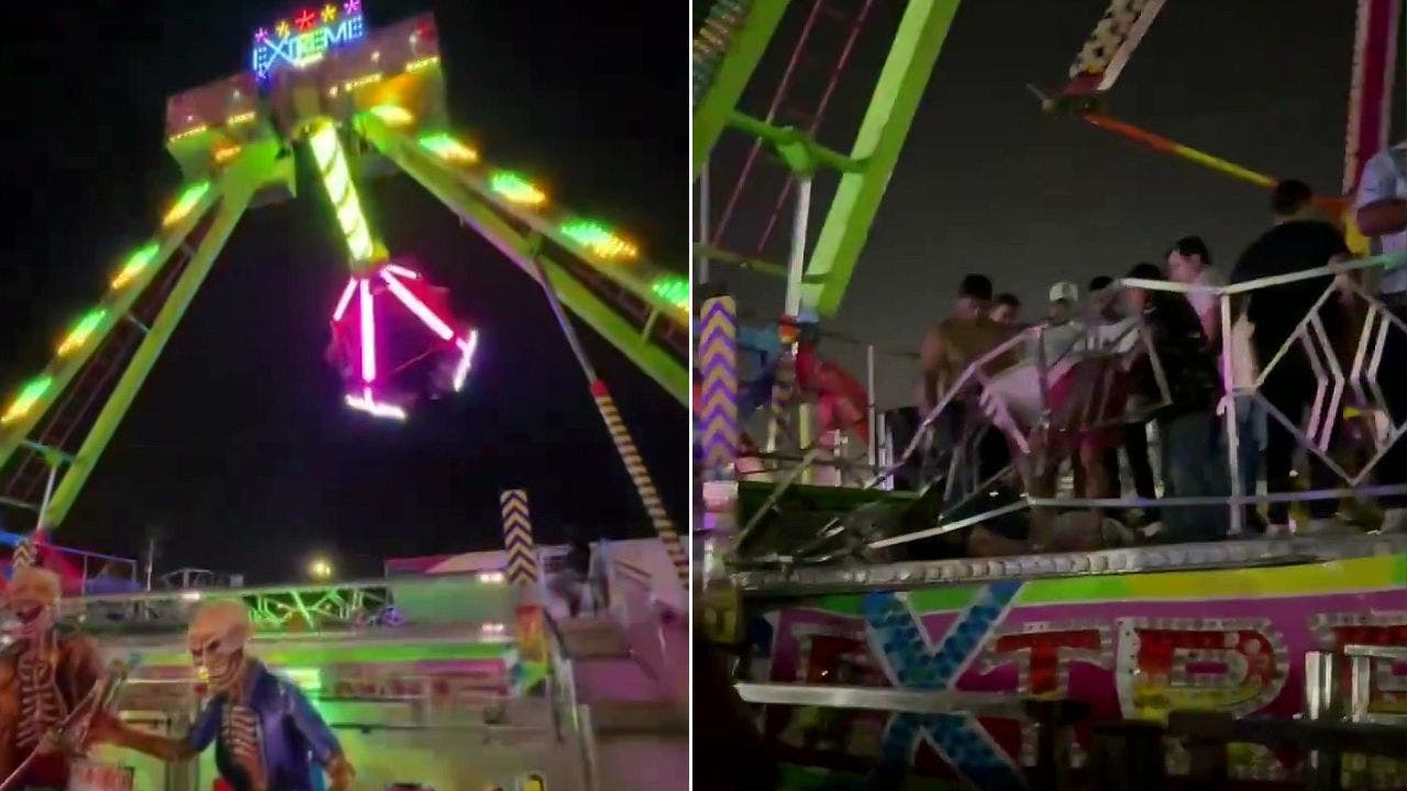 10 injured after cars on giant pendulum ride break apart mid air, shocking video shows