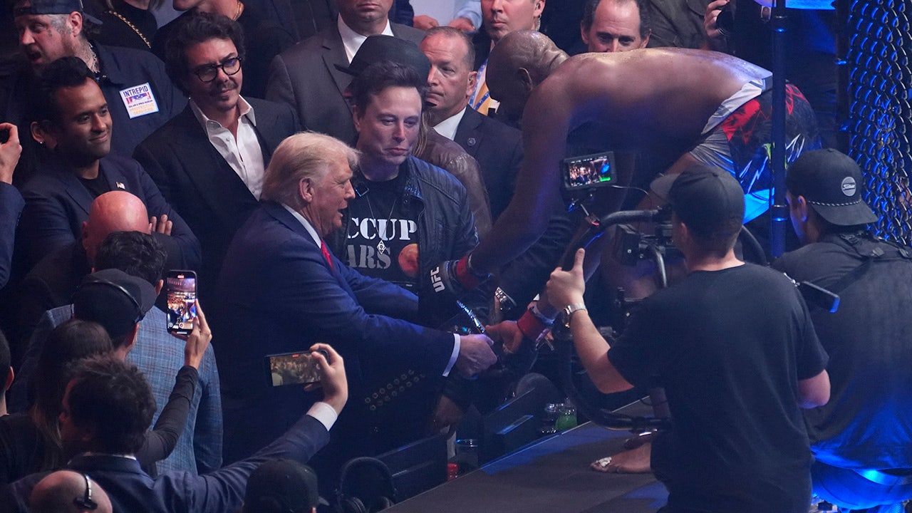 President-elect Donald Trump presents the title belt to Jon Jones after he defeated Stipe Miocic at UFC 309 at Madison Square Garden, early Sunday, Nov. 17, 2024, in New York. (AP Photo/Evan Vucci)