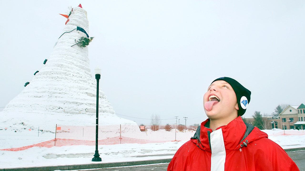 The world’s tallest snowman, measuring 122 feet, built by residents in Bethel, Maine