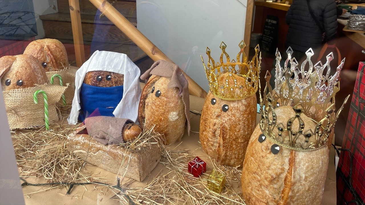 This Nativity scene window display at Hobbs House Bakery in England is made out of bread. (Hobbs House Bakery/SWNS)