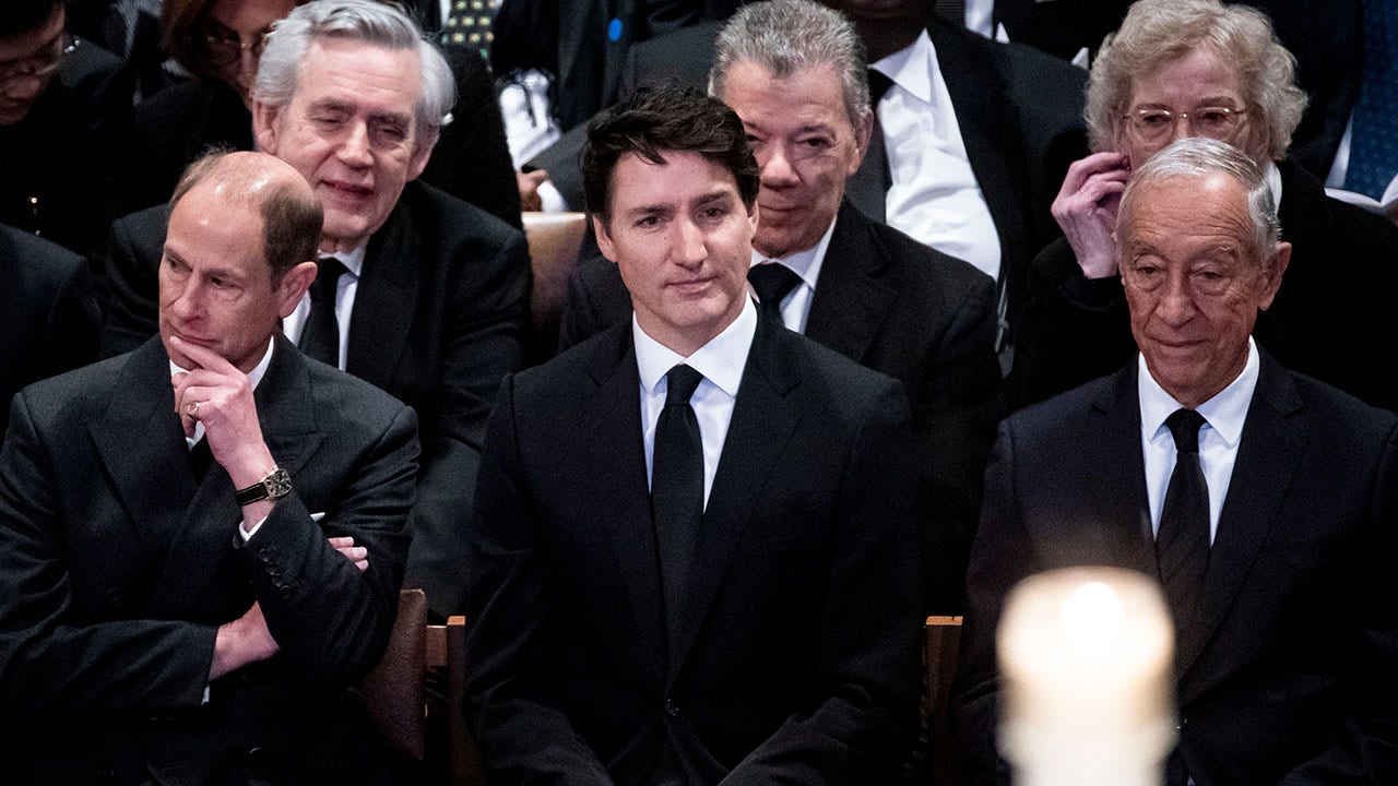 Prince Edward, Duke of Edinburgh, from left, Justin Trudeau, Canada's prime minister, and Marcelo Rebelo de Sousa, Portugal's president, during the funeral service of late former US President Jimmy Carter at the Washington National Cathedral in Washington, DC, US, on Thursday, Jan. 9, 2025. Washington gathered to pay tribute to Jimmy Carter on Thursday, bringing together political rivals in the wake of a rancorous election to honor a former president praised by both parties for his humility and decency. (Al Drago/Bloomberg via Getty Images)