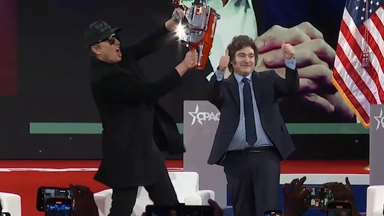 Argentinian President Javier Milei gifted Elon Musk a blinged-out DOGE chainsaw to help him cut through wasteful spending.