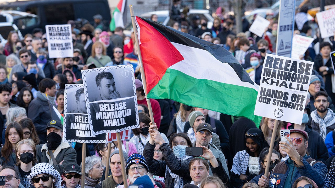 Protestors gather in Foley Square to protest the arrest of Mahmoud Khalil Monday, March 10, 2025, in Manhattan, New York City. (Barry Williams/New York Daily News/Tribune News Service via Getty Images)