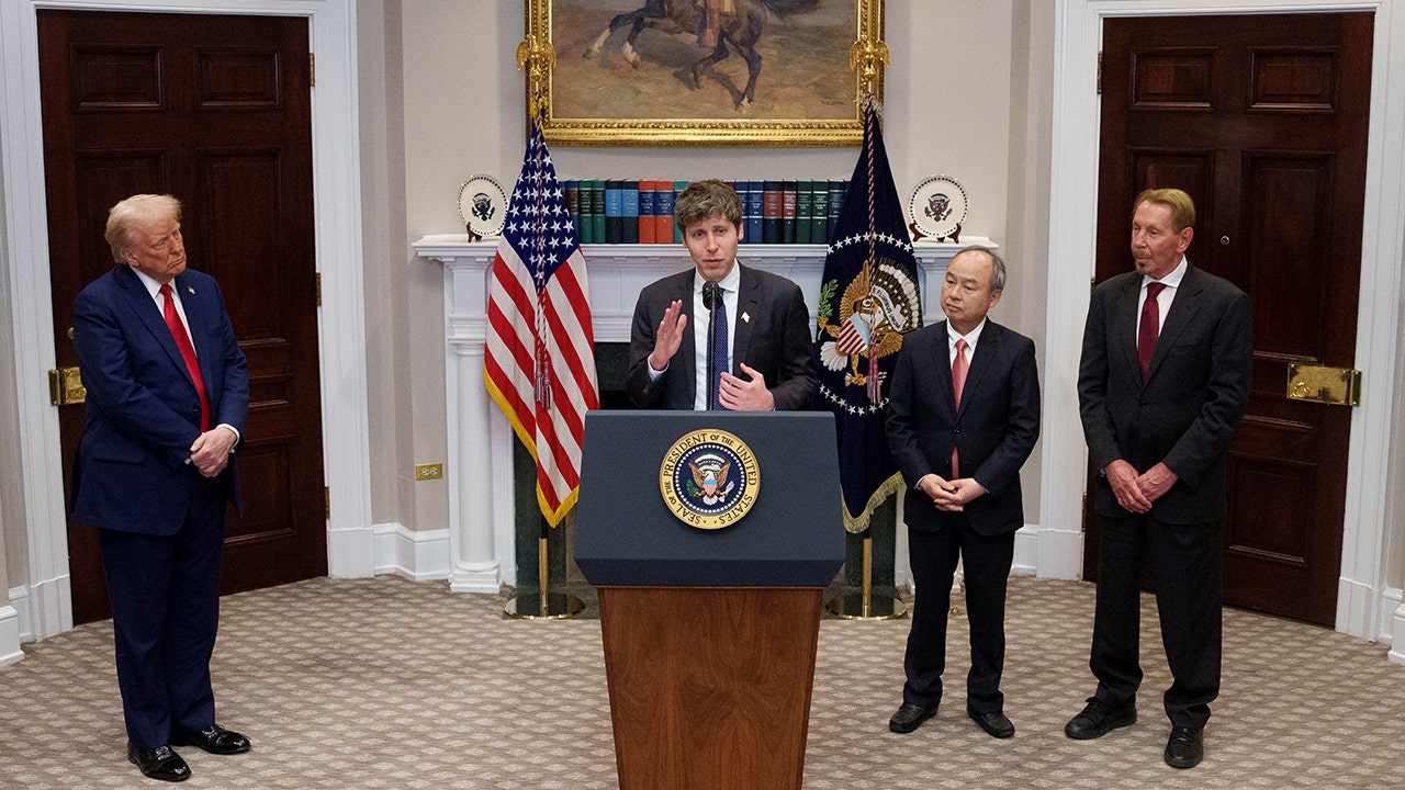 OpenAI CEO Sam Altman, accompanied by President Donald Trump, Oracle co-founder, CTO and Executive Chairman Larry Ellison and SoftBank CEO Masayoshi Son speaks during a news conference in the Roosevelt Room of the White House on Jan. 21, 2025, in Washington, D.C. (Andrew Harnik/Getty Images)