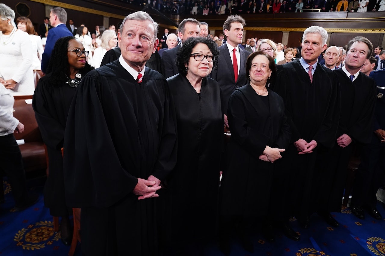 U.S. Supreme Court Chief Justice John Roberts (L) and Associate Justices (L-R) Sonia Sotomayor, Elena Kagan, Neil Gorsuch and Brett Kavanaugh stand on the House floor ahead of the annual State of the Union address by U.S. President Joe Biden before a joint session of Congress at the Capital building on March 7, 2024 in Washington, DC. (Shawn Thew-Pool/Getty Images)