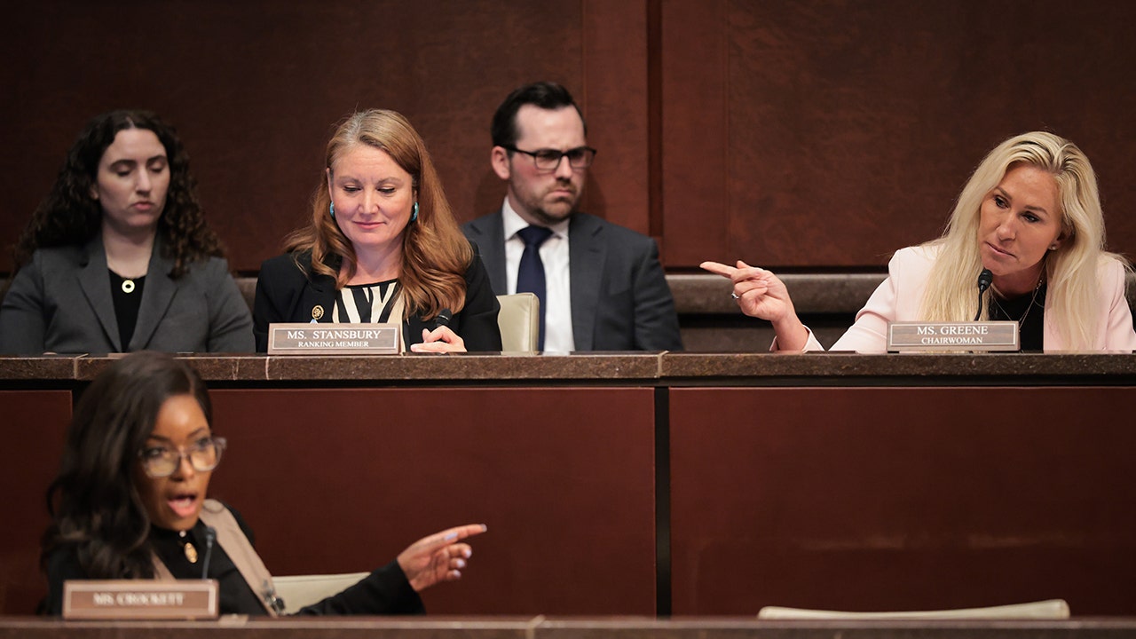 (L-R) U.S. Rep. Jasmine Crockett (D-TX), Rep. Melanie Stansbury (D-NM), and Marjorie Taylor Greene (R-GA) speak during the hearing on 