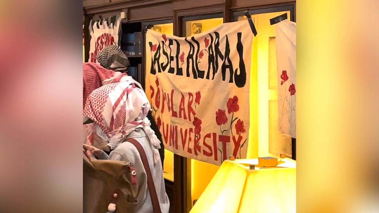 Pro-Hamas slogans on sheets are hung inside of Butler Library on the campus of Columbia University where protesters occupied the building today, Wednesday, May 7, 2025. The protesters were subsequently arrested by NYPD. (Credit: Sam Nahins) (Sam Nahins)
