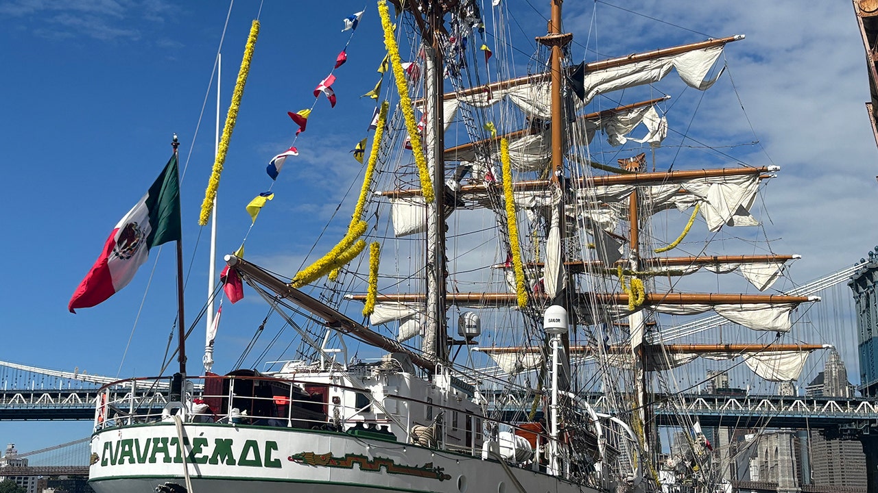 The Mexican Navy training ship that hit the Brooklyn Bridge sits moored in lower Manhattan on May 18, 2025 in New York City. Two people died and 19 others were injured after a Mexican Navy training ship hit the Brooklyn Bridge, New York City Mayor Eric Adams said Sunday. (ANA FERNANDEZ/AFP via Getty Images)