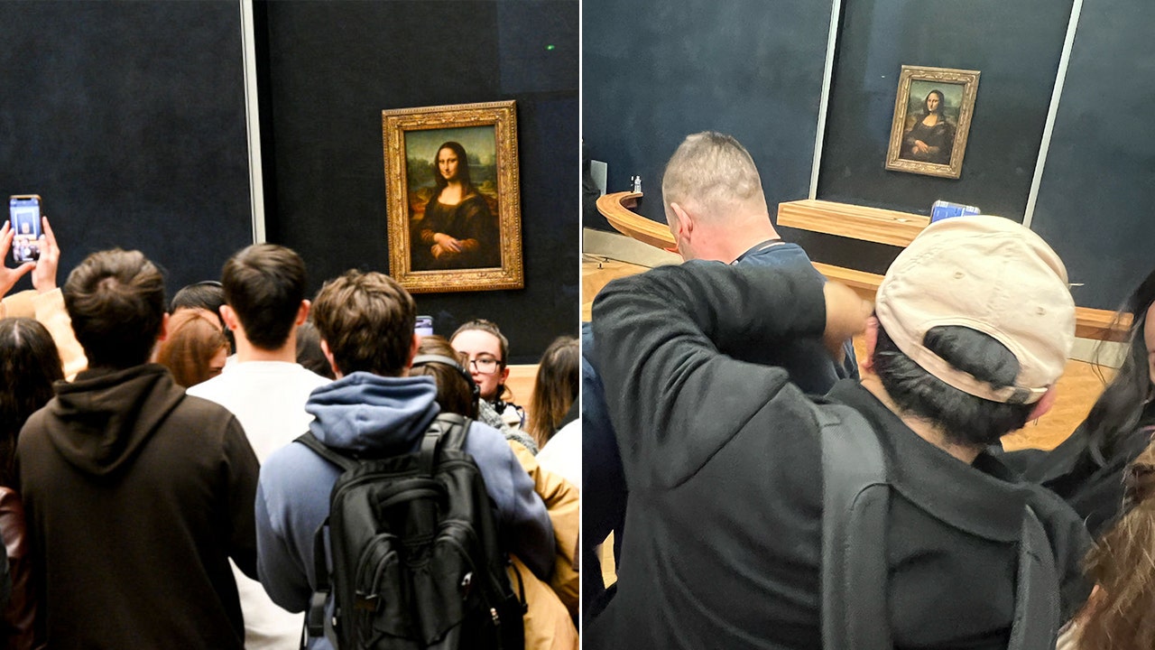 Crowds gather to take a picture of the Mona Lisa at a Paris museum. (MAGALI COHEN/Hans Lucas/AFP via Getty Images; Ashley J. DiMella/Fox News Digital)