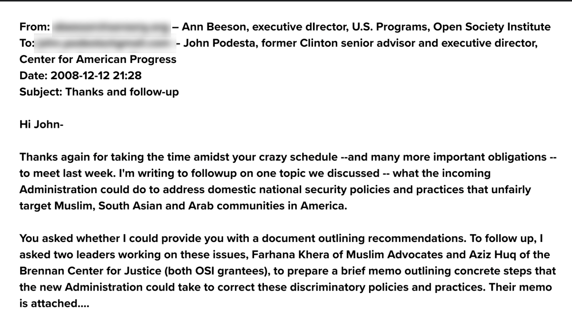Beeson email to John Podesta offering money from Open Society