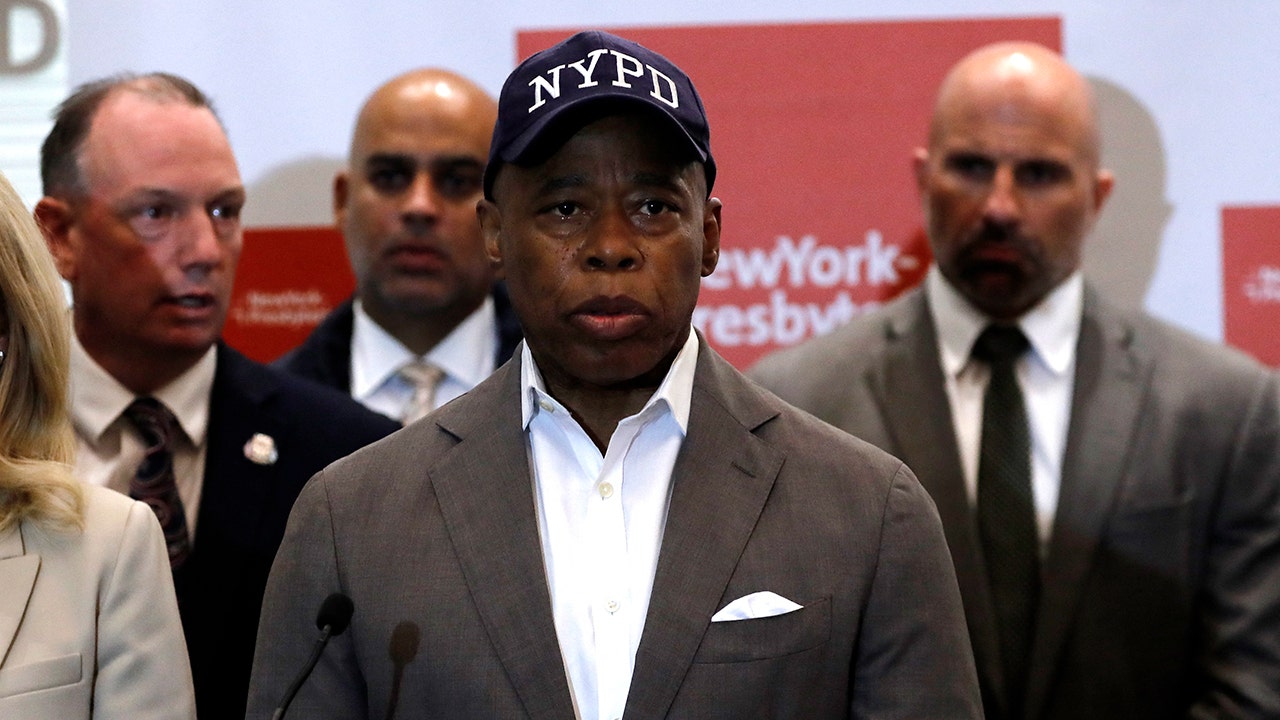 New York City Mayor Eric Adams addresses reporters following a deadly Midtown office shooting, July 28, 2025. (JOHN LAMPARSKI/AFP via Getty Images)