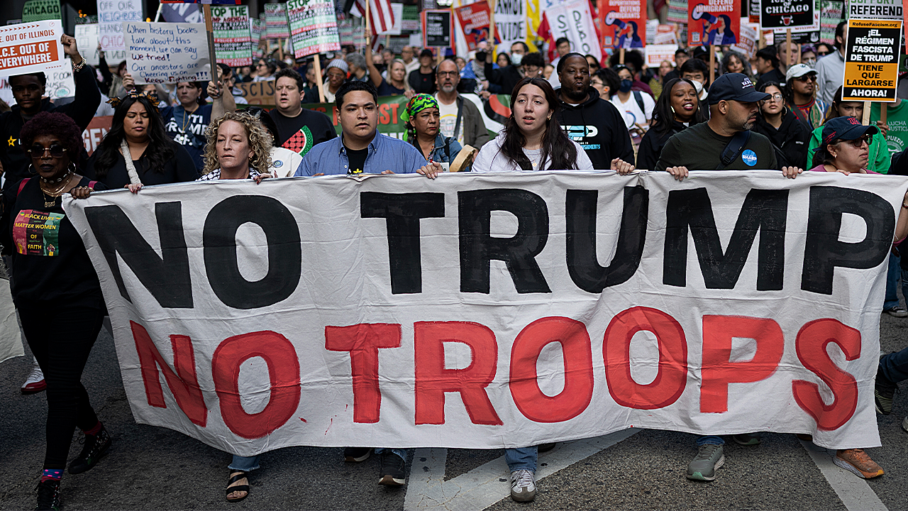 Protesters in Chicago demonstrate against the Trump administration's plan to deploy the National Guard to the city in September 2025. (Getty Images)