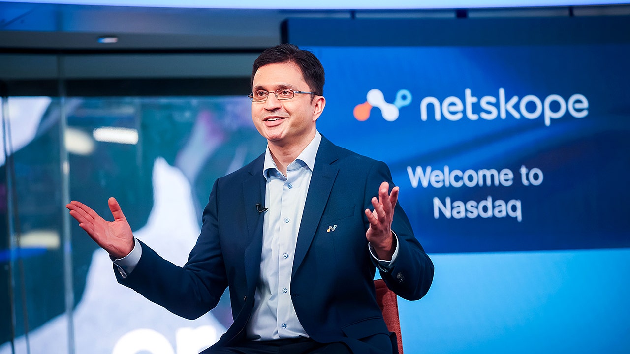 Sanjay Beri, chief executive officer of Netskope Inc., during the company's initial public offering (IPO) at the Nasdaq MarketSite in New York, US, on Thursday, Sept. 18, 2025. Netskope Inc.'s shares jumped 21% in its trading debut, after the cybersecurity firm raised $908.2 million in an initial public offering. (Michael Nagle/Bloomberg via Getty Images)