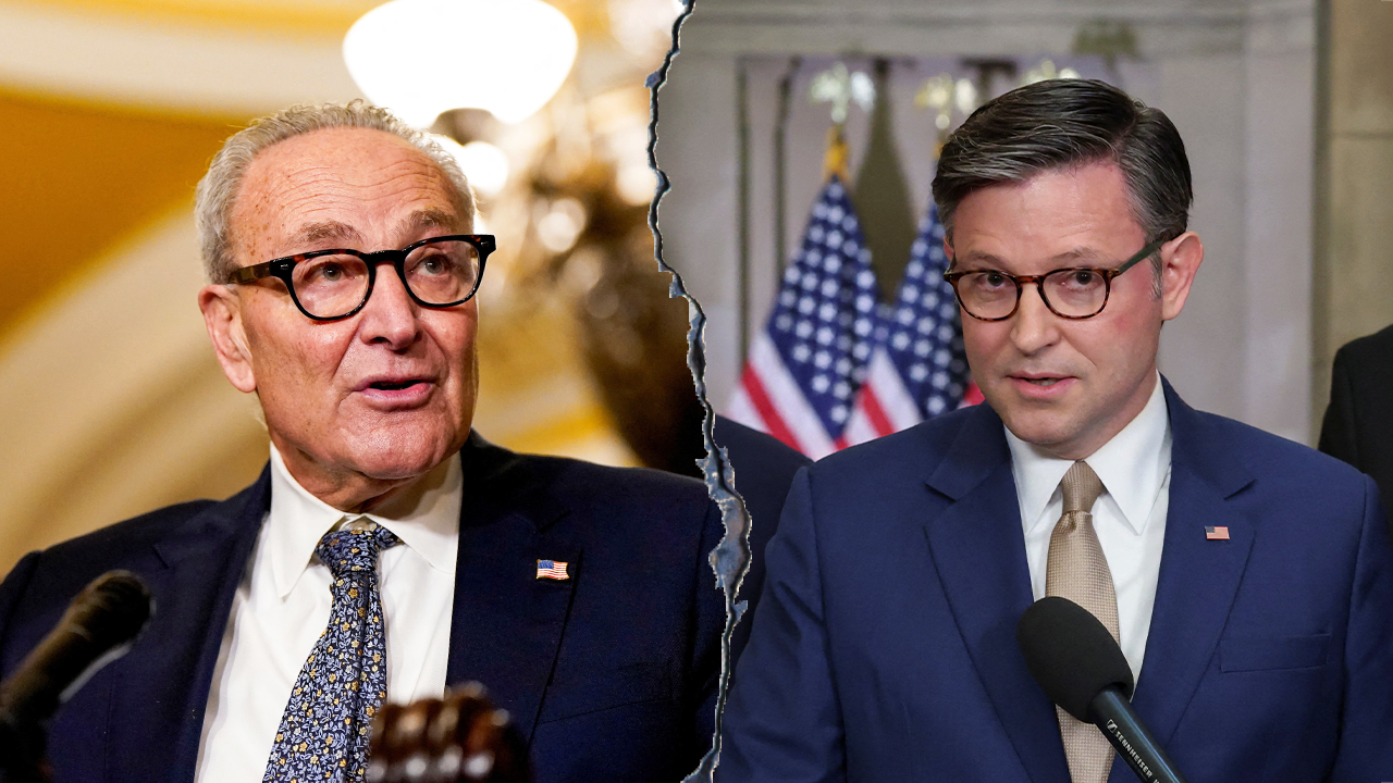 Senate Minority Leader Chuck Schumer and Speaker Mike Johnson are at odds over the government shutdown. (REUTERS/Elizabeth Frantz; REUTERS/Jonathan Ernst)