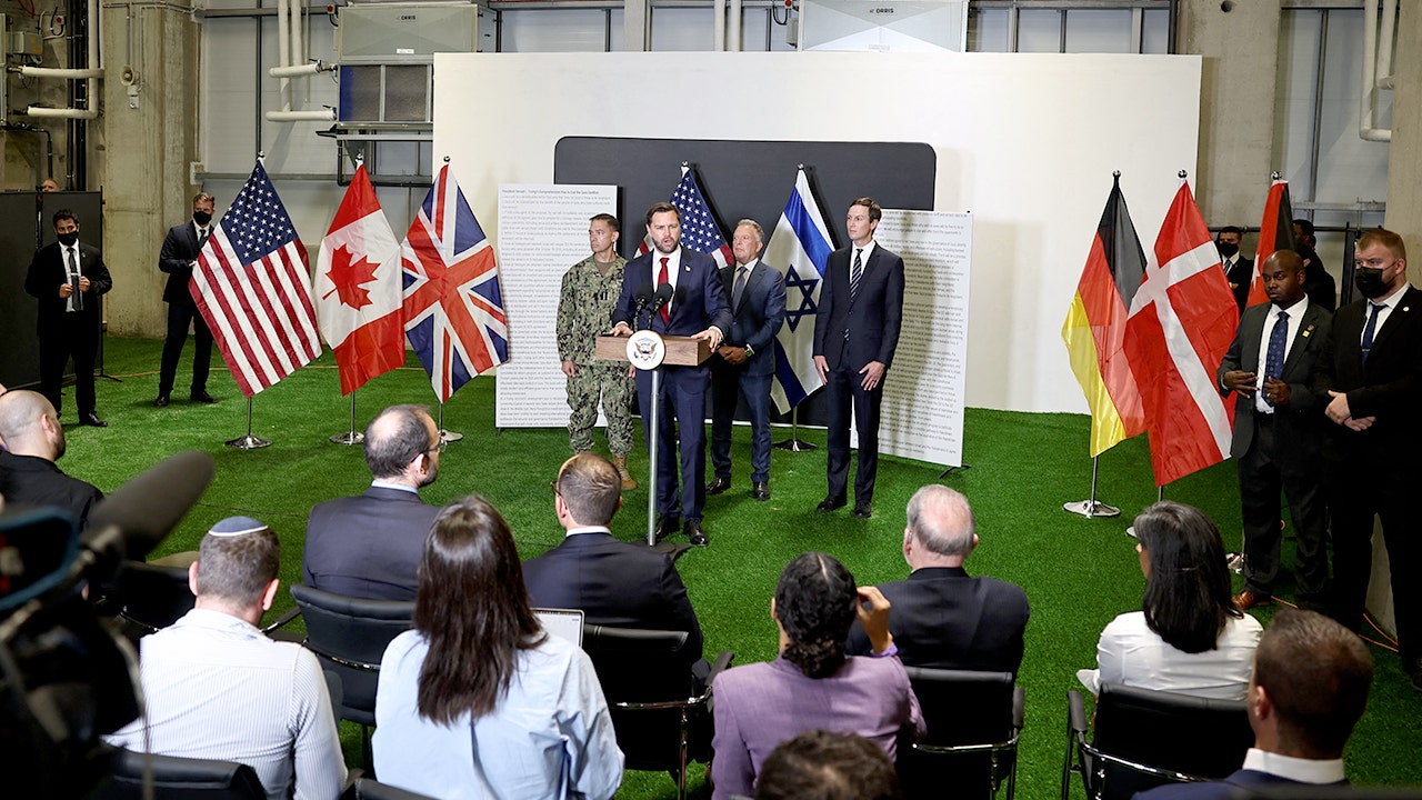 Vice President JD Vance speaks during a press conference following a military briefing at the Civilian Military Coordination Center in southern Israel on Oct. 21, 2025. (Fadel Senna/AFP via Getty Images)