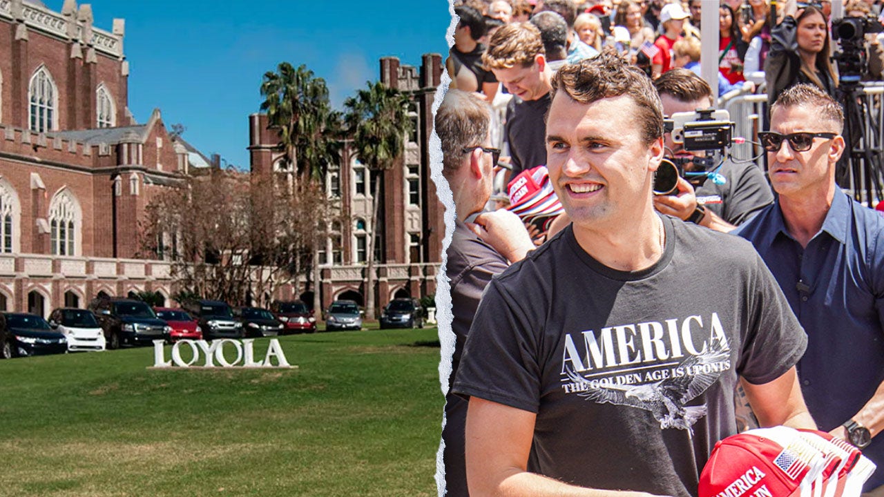 Charlie Kirk, founder of Turning Point USA, throws hats to the public on May 1, 2025, at UC San Diego's Town Square. (L) Buildings of Loyola University, New Orleans, Louisiana. (Education Images/Universal Images Group via Getty Images;Michael Ho Wai Lee/SOPA Images/LightRocket)