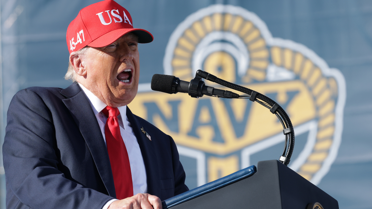 U.S. President Donald Trump makes remarks during the Navy 250 Celebration aboard the USS Harry S. Truman aircraft carrier on October 5, 2025, in Norfolk, Virginia. (Alex Wong/Getty Images)