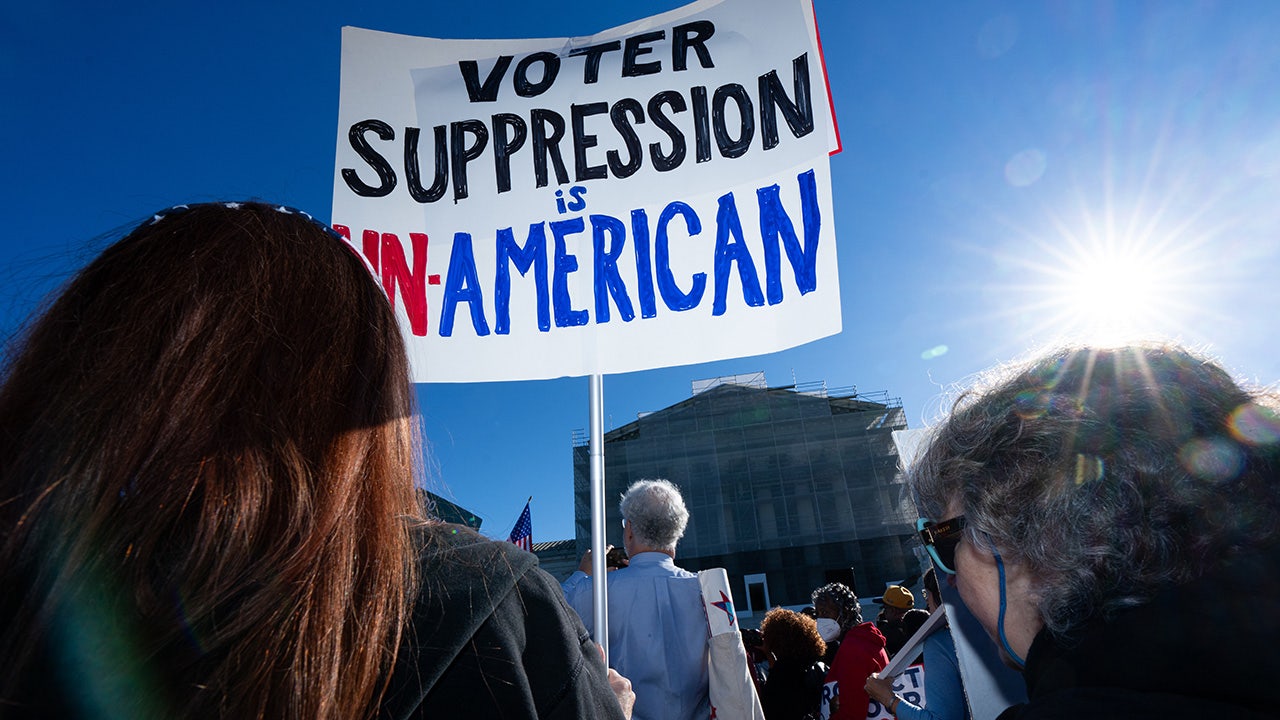 Voting rights activists protest outside the U.S. Supreme Court as the court prepares to hear arguments in a case challenging Louisiana's congressional map in Washington on Wednesday, October 15, 2025. (Bill Clark/CQ-Roll Call, Inc via Getty Images) (Bill Clark/CQ-Roll Call, Inc via Getty Images)