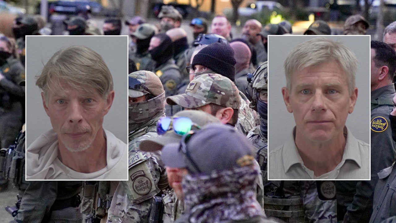 Brothers Mark, left, and John Bennett, right, were arrested in Virginia. ICE agents are seen in the background. (DHS; Ryan Murphy/Getty Images)