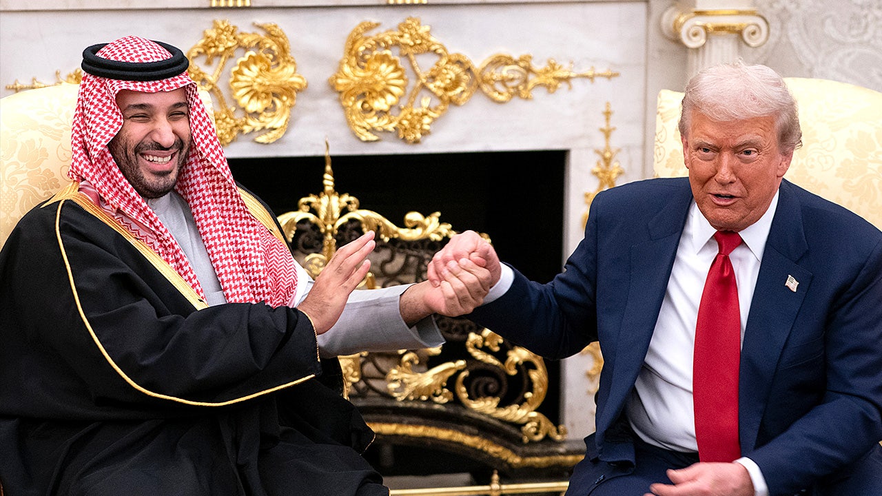 President Donald Trump, right, meets with Saudi Crown Prince Mohammed bin Salman in the Oval Office at the White House in Washington, D.C., on November 18, 2025. (Nathan Howard/Politico/Bloomberg via Getty Images)